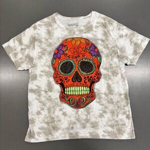 Sugar Skull Adult Tee with Colorful Graphic - White and Orange